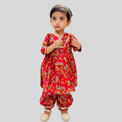 Girls Festive Crimson Red Kurti with Afghani Pant Set (Without Dupatta)