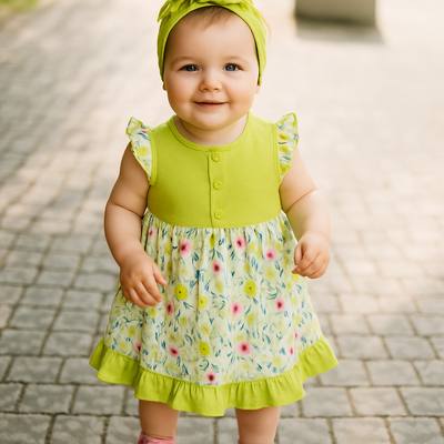 Cucumber Club Girls' Light Green Bloom Frock