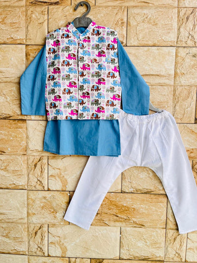 Elephant Parade Nehru Jacket Kurta Set – 60x60 Cotton (1–10 Years)