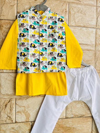 Yellow Elephant Parade Kurta Set – 60x60 Cotton (1–10 Years)