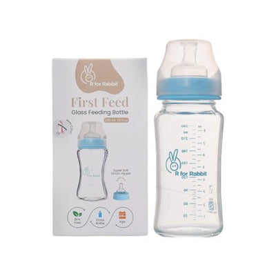 R for Rabbit First Feed Feeding Bottle Glass (240 ml, Blue)