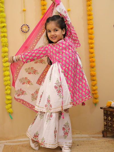 Pink Mughal Print Kurta Sharara Dupatta Set – 60x60 Cotton (1–10 Years)
