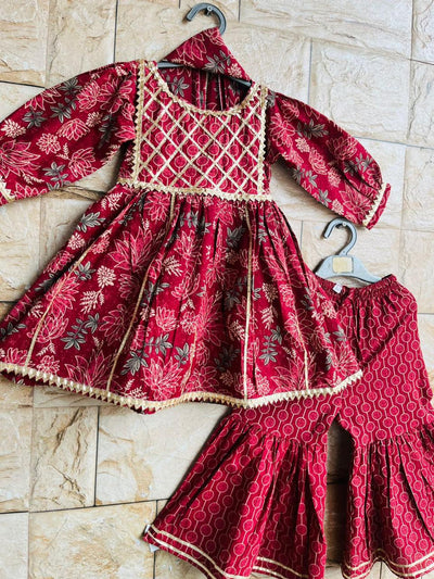 Deep Maroon Floral Sharara Suit with Dupatta – 60x60 Cotton (1–10 Years)