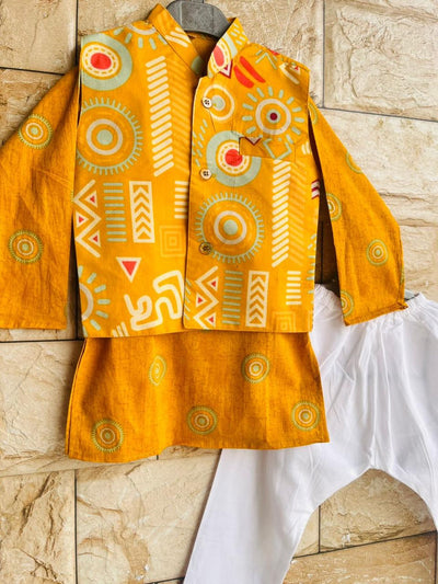 Mustard Yellow Printed Cotton Kurta Set with Nehru Jacket for Boys (1–10 Years)