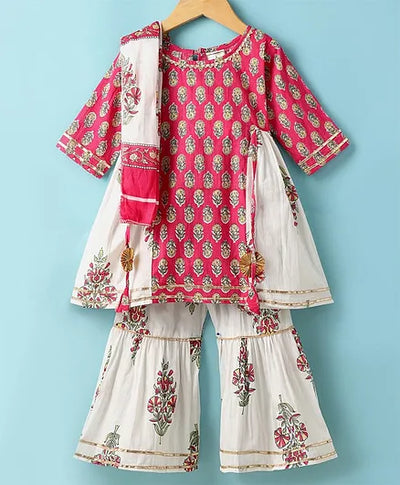 Pink Mughal Print Kurta Sharara Dupatta Set – 60x60 Cotton (1–10 Years)
