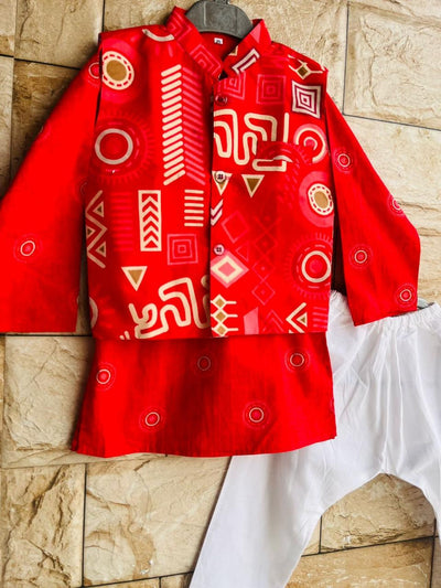 Bright Red Printed Cotton Kurta Set with Nehru Jacket for Boys (1–10 Years)