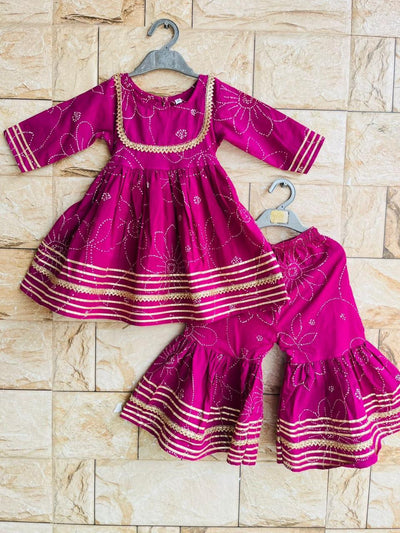 Magenta Mirror-Print Cotton Ethnic Set for Girls (1–10 Years)