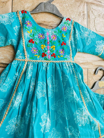 Sky Blue Embroidered Cotton Ethnic Set for Girls (1–10 Years)