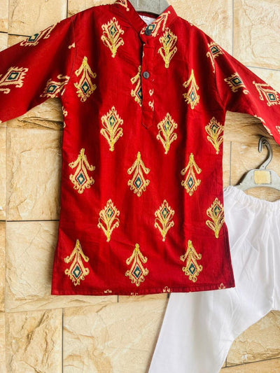 Red Ikat Print Cotton Kurta Set for Boys (1–10 Years)