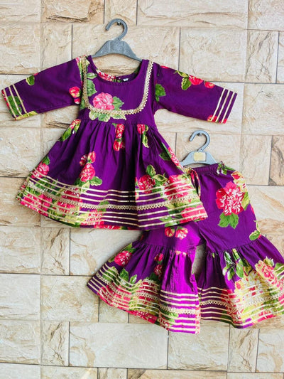 Royal Purple Floral Cotton Ethnic Set for Girls (1–10 Years)