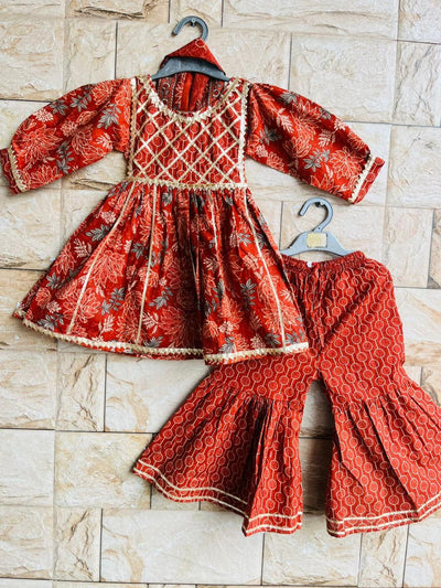Rust Red Floral Sharara Suit with Dupatta – 60x60 Cotton (1–10 Years)