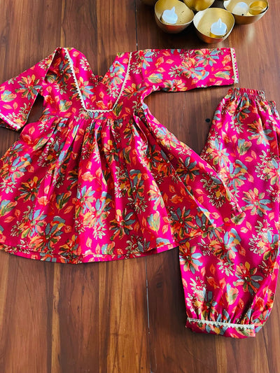 Girls Festive Crimson Red Kurti with Afghani Pant Set (Without Dupatta)