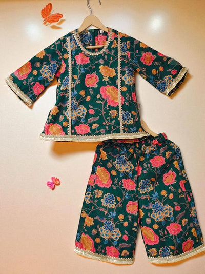 Dark Green Floral Cotton Ethnic Co-ord Set for Girls (2–7 Years)