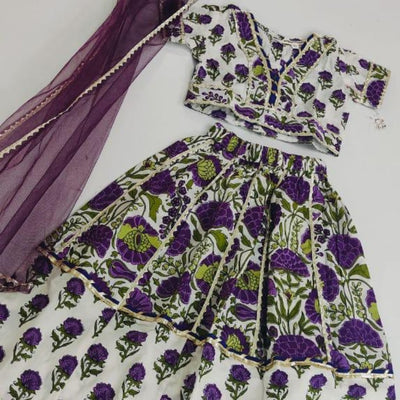 White & Purple Floral Cotton Lehenga Choli Set for Girls (1–10 Years)