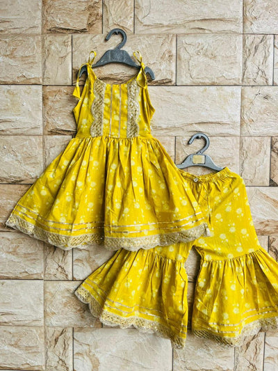 Mustard Yellow Sleeveless Sharara Set – 60x60 Cotton (1–10 Years)