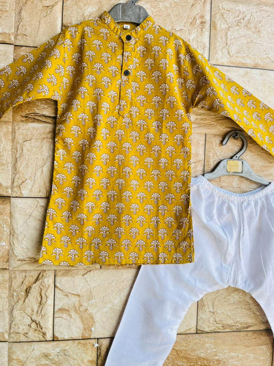 Mustard Yellow Printed Kurta Pyjama – 60x60 Cotton (1–10 Years)