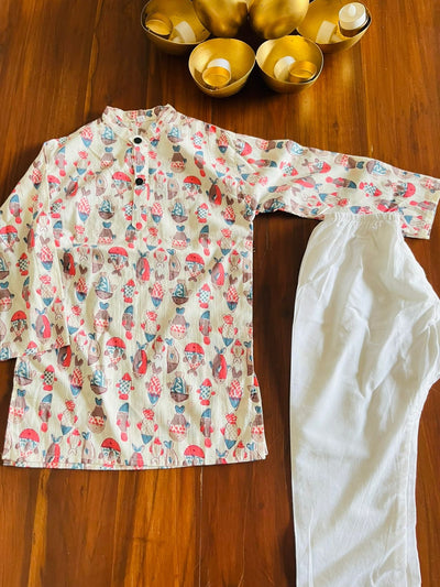 White Printed Kurta Pyjama – 60x60 Cotton (1–10 Years)