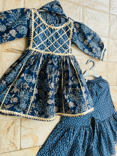 Blue Floral Sharara Suit with Dupatta – 60x60 Cotton (1–10 Years)