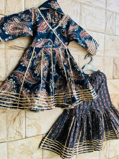 Navy Blue Floral Sharara Suit with Dupatta – 60x60 Cotton (1–10 Years)