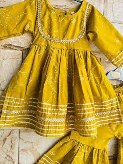 Mustard Yellow Mirror-Print Cotton Ethnic Set for Girls (1–10 Years)