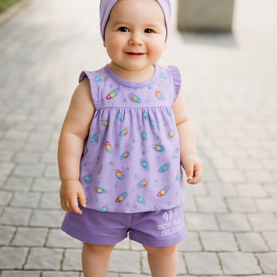 Lavender Cartoon Frock with Shorts Set for Baby Girls