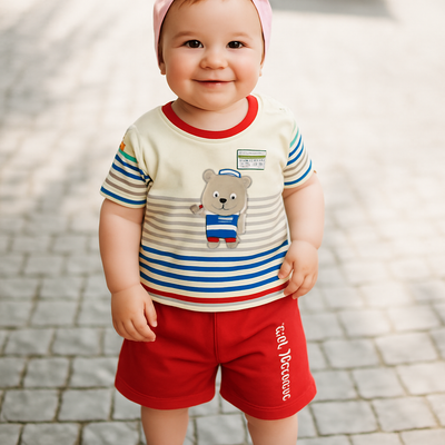 Unisex Cartoon Print Half Sleeve Tee & Shorts Set - Beige & Red