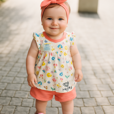 Cucumber Club Girls' Cartoon Frock with Shorts Set - Beige & Orange