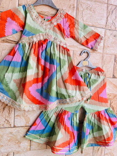 Multicolor Zigzag Print Cotton Ethnic Set for Girls (1–10 Years)