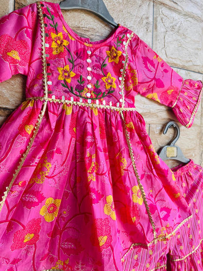Hot Pink Floral Embroidered Kurta Sharara Set – 60x60 Cotton (1–10 Years)