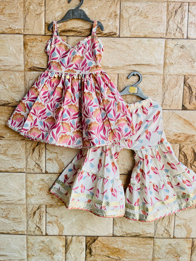 Ivory Floral Sharara Set with Coin Lace – 60x60 Cotton (1–10 Years)